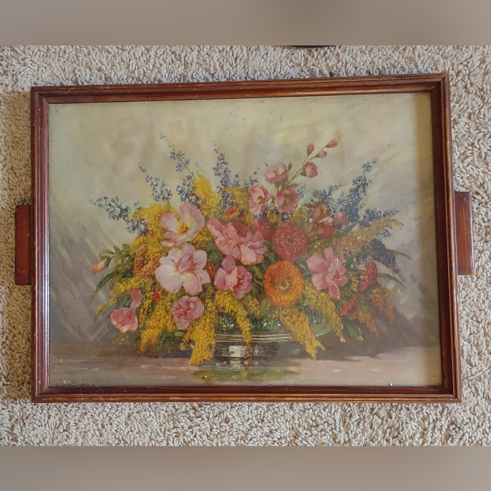 Antique Wooden Tray with Gustave Weigand Lithograph Under Glass